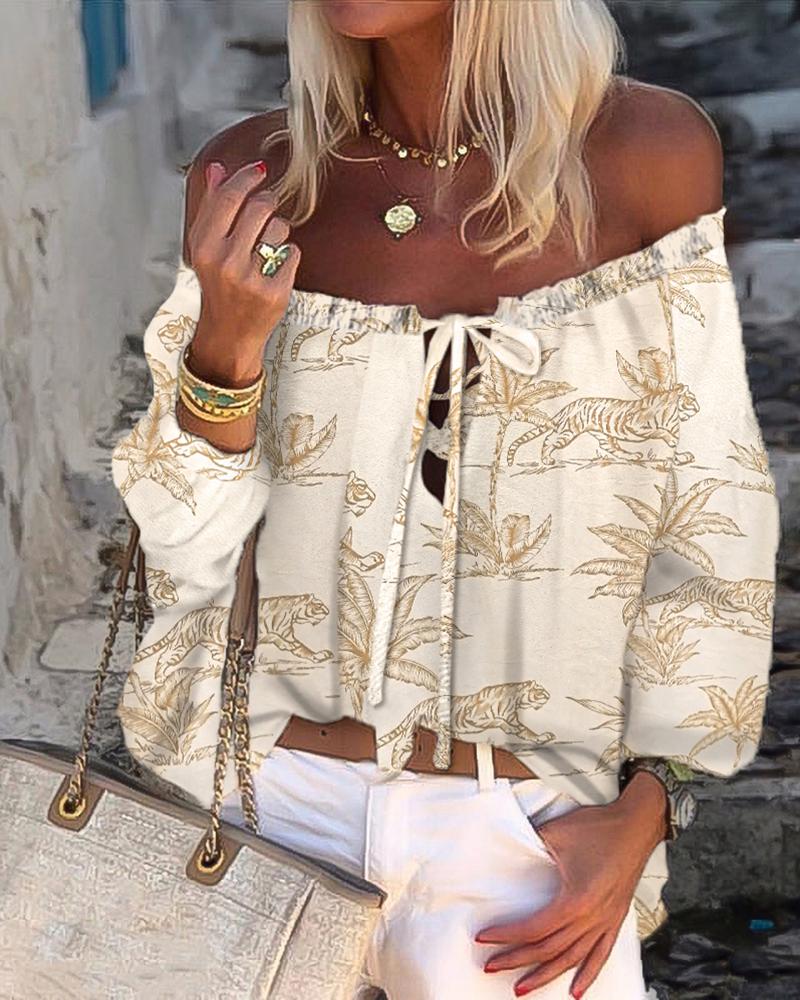 

Animal Plants Print Off Shoulder Frill Hem Top, Apricot