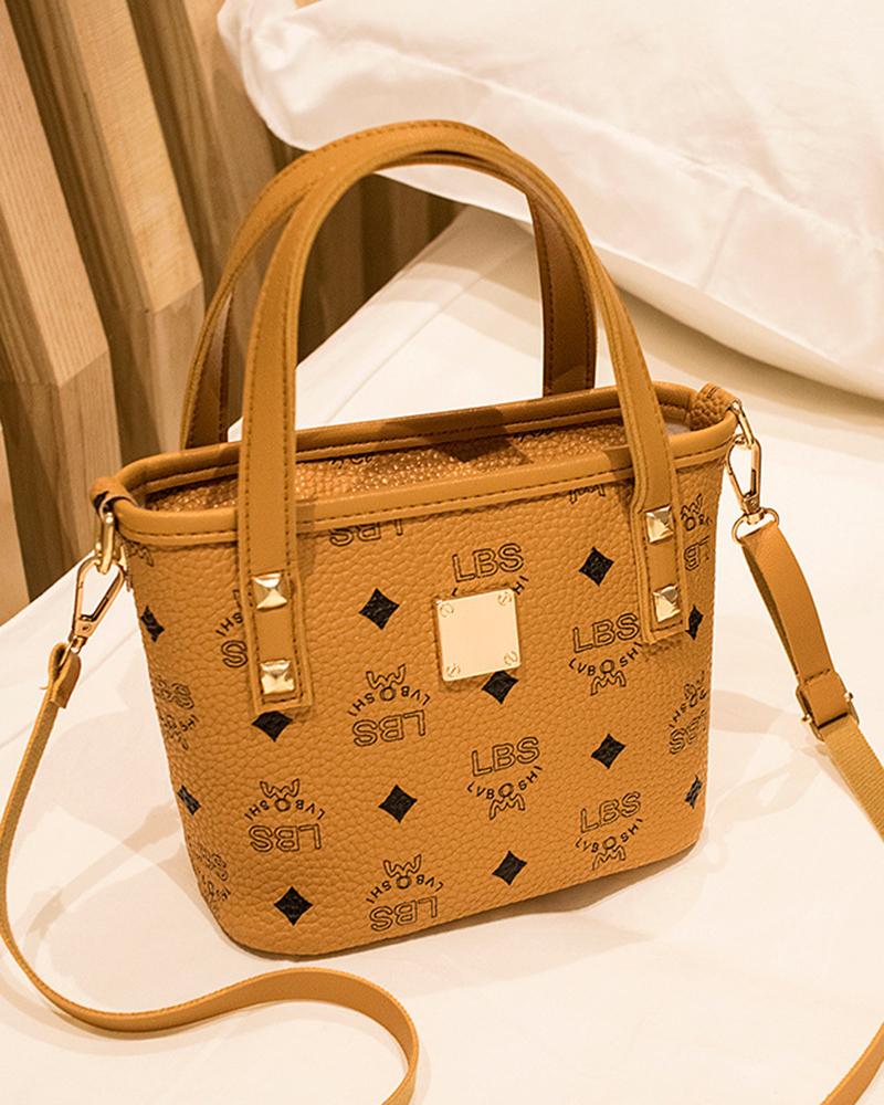 

Letter Geometric Print Satchel Bucket Bag, Brown