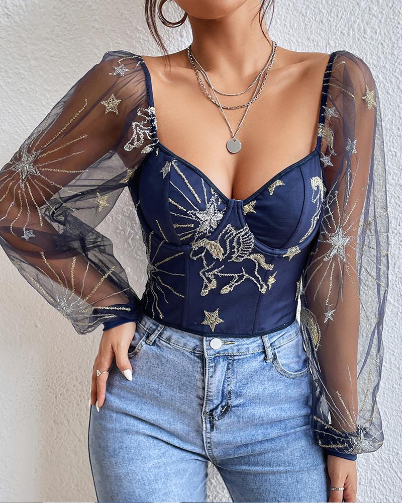

Embroidery Sheer Mesh Puff Sleeve Crop Top, Blue