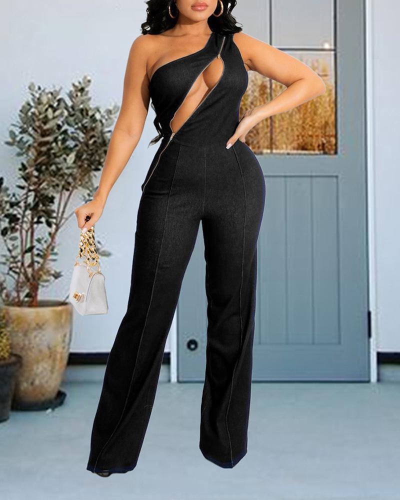 

One Shoulder Zip Front Cutout Denim Jumpsuit, Black
