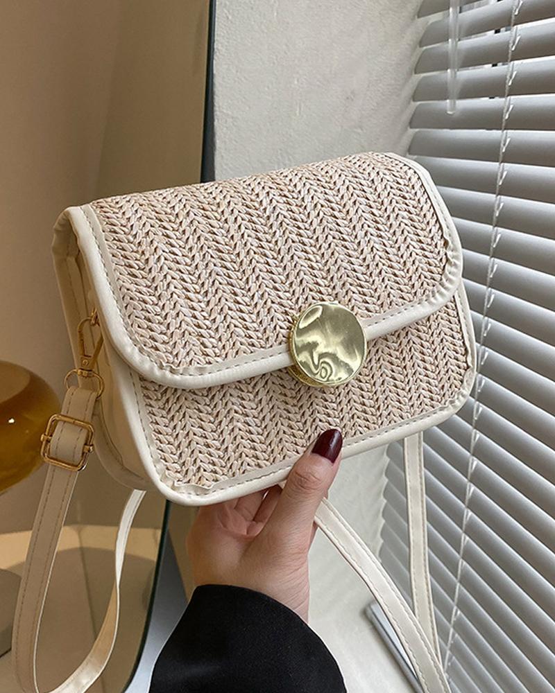 

Lock Straw Flap Shoulder Bag, White