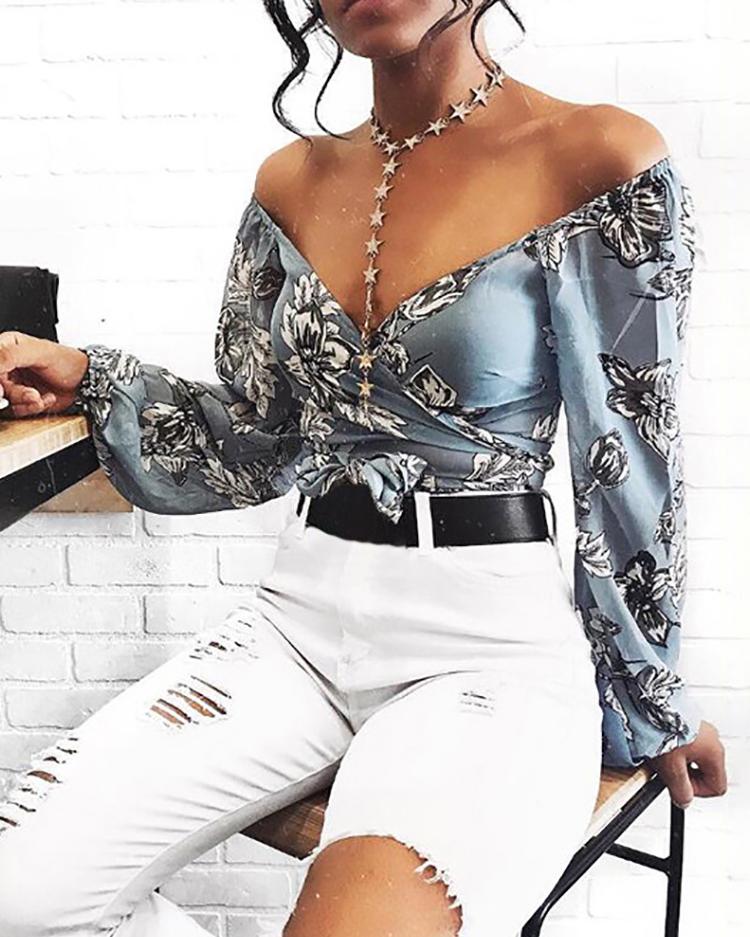 

Sexy Floral Print Tied Waist Cropped Blouse, Blue