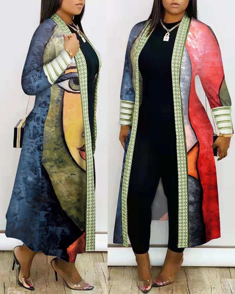 

Plus Size Abstract Figure Print Open Front Longline Coat, Multicolor