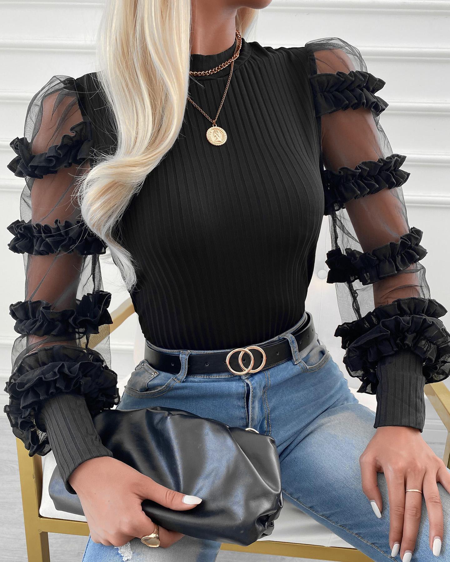 

Sheer Mesh Sleeve Frill Hem Blouse, Black