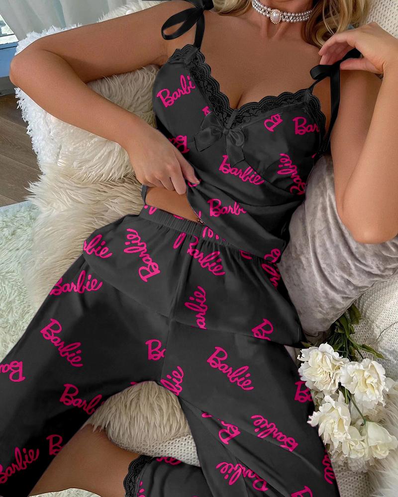 

Barbie Letter Print Contrast Lace Cami Set, Black