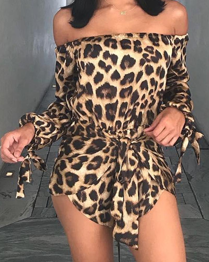 

Leopard Print Off Shoulder Tie Detail Romper