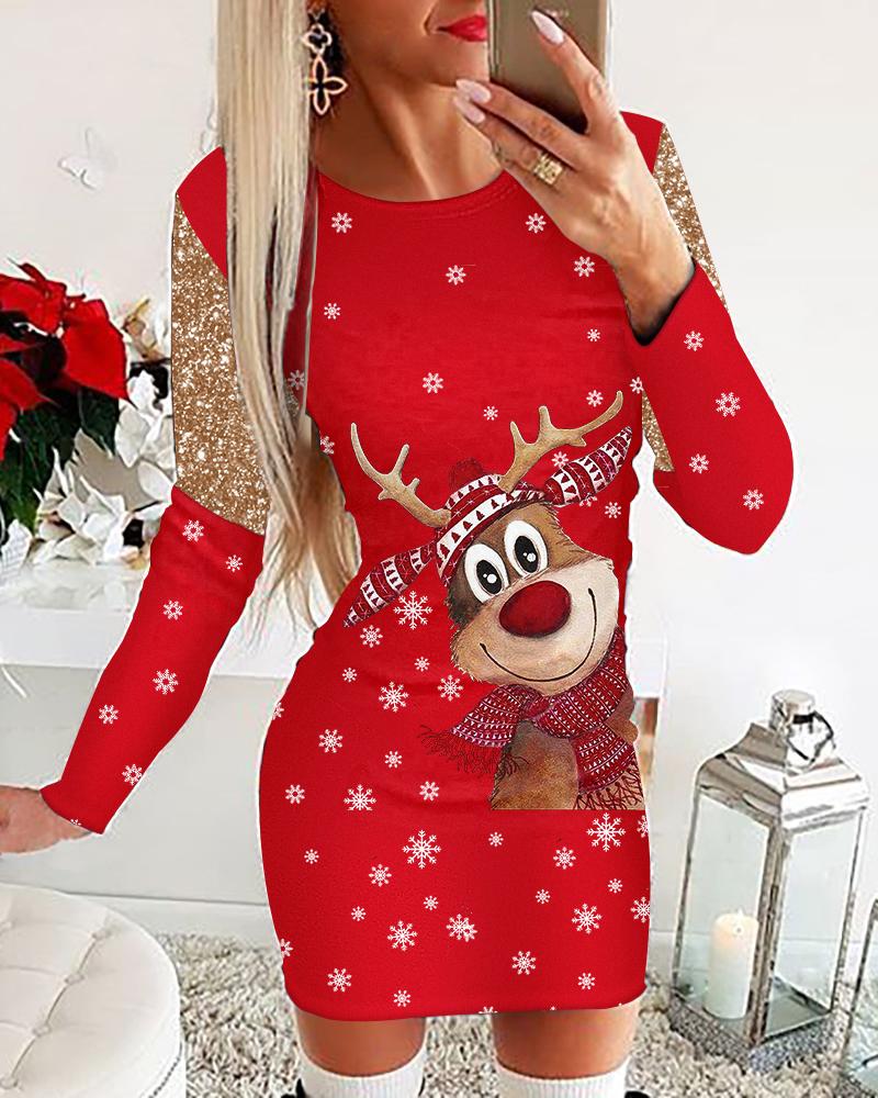 

Christmas Snowflake Elk Print Long Sleeve Bodycon Dress, Red