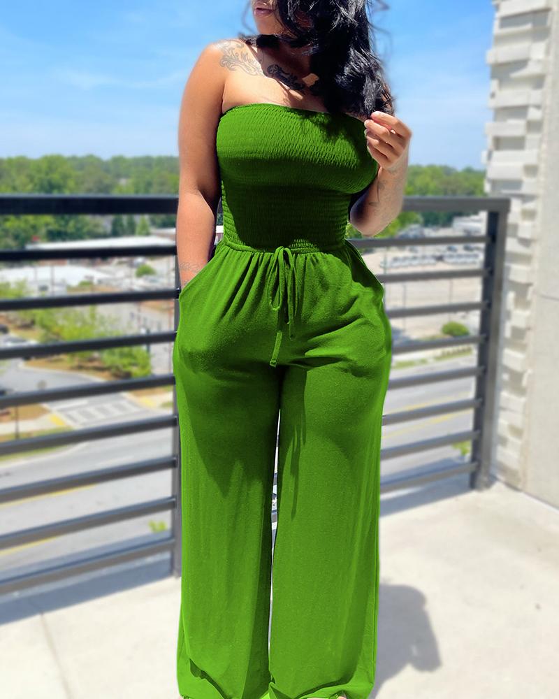 

Bandeau Shirred Pocket Design Wide Leg Jumpsuit, Green