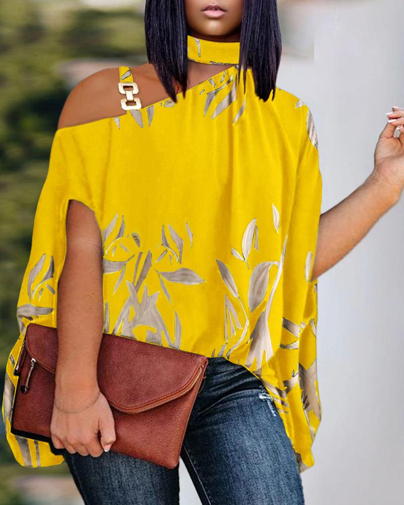 

Plus Size Plants Print Chain Decor Cold Shoulder Top, Yellow