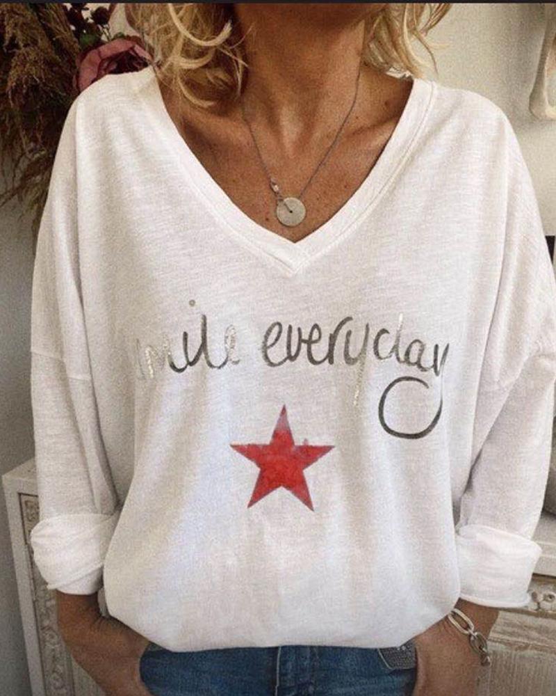 

Letter Star Print Long Sleeve Casual T-shirt, Red