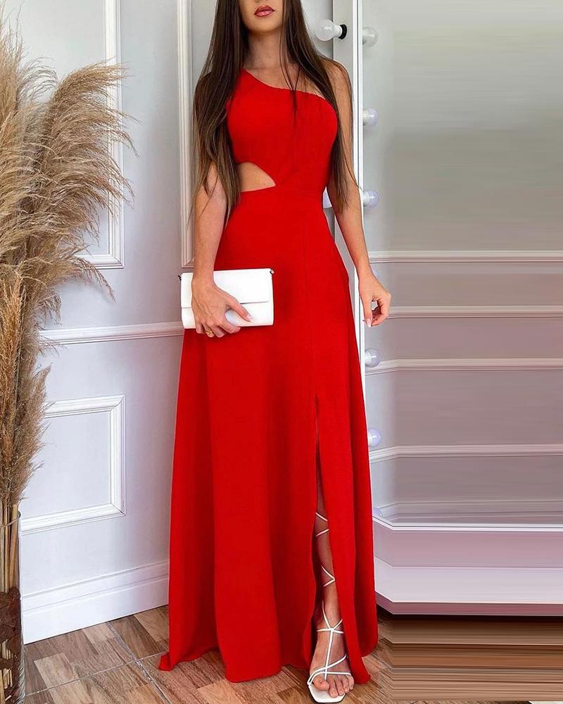 

One Shoulder Cutout Waist Slit Maxi Dress, Red