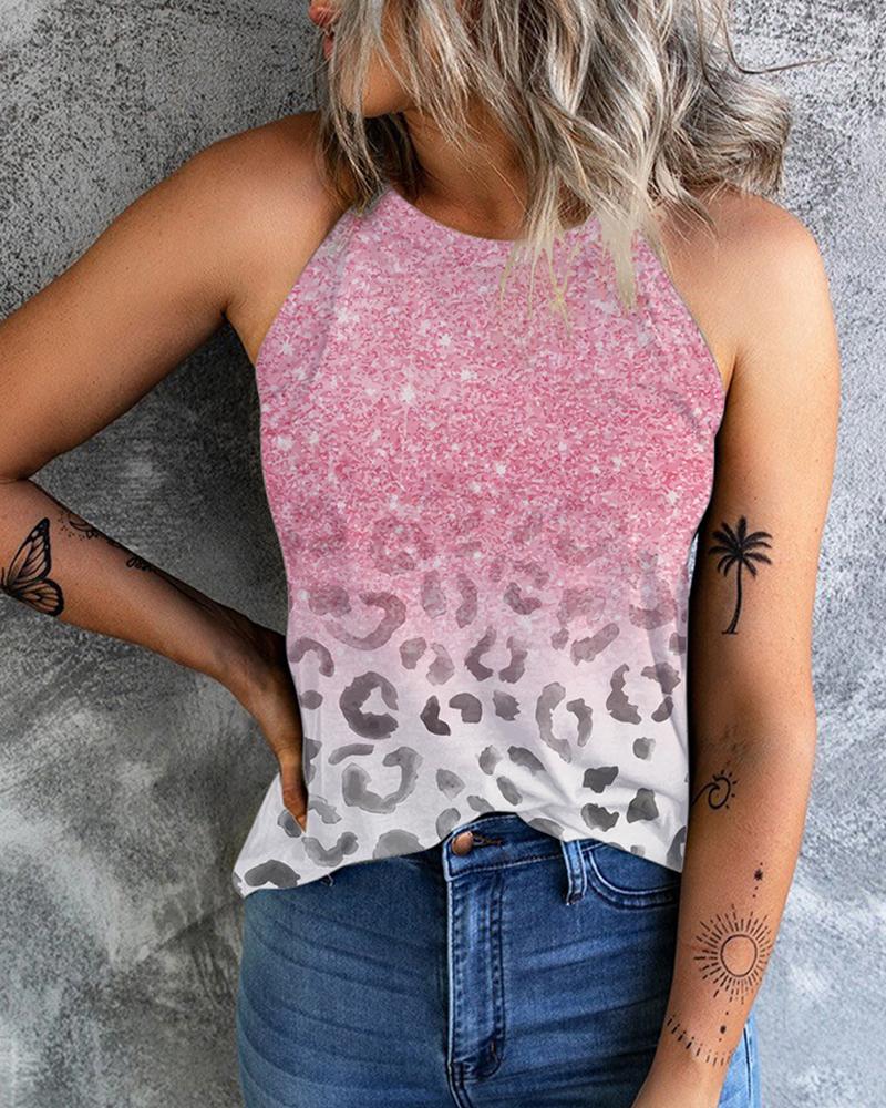 

Round Neck Cheetah Print Ombre Tank Top, Pink