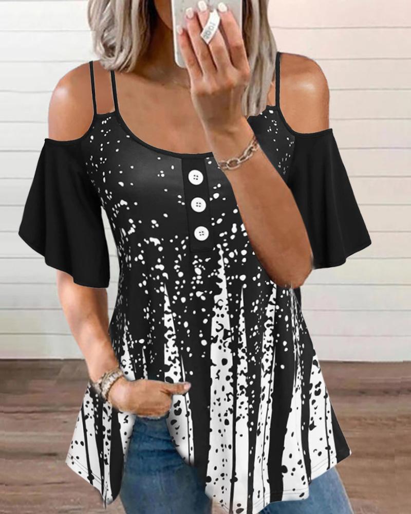 

Polka Dot Print Cold Shoulder Ruched Top, Black