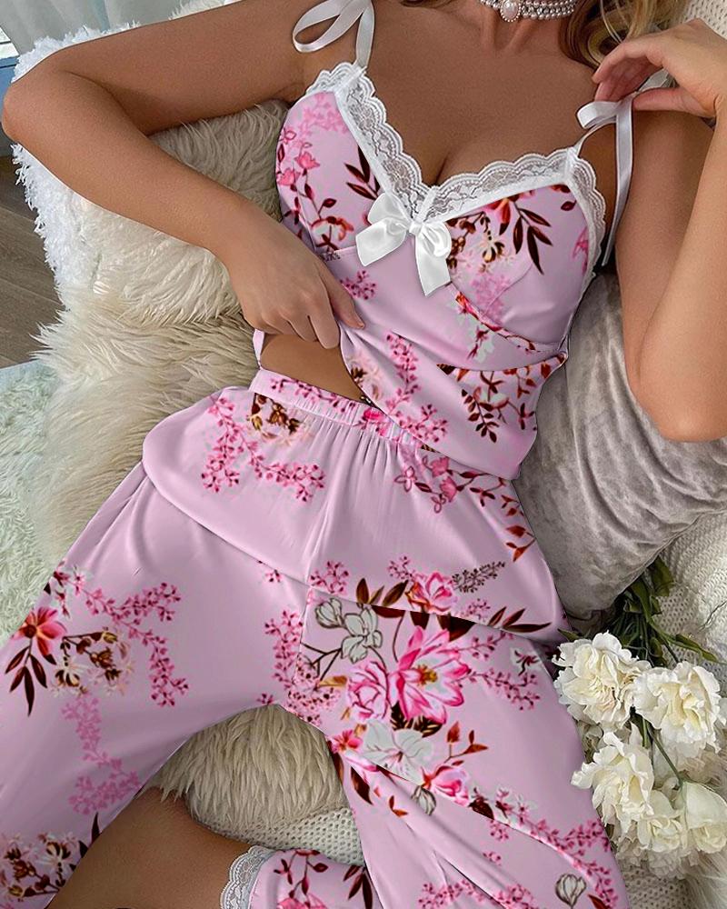 

Floral Print Lace Trim Cami Set, Pink