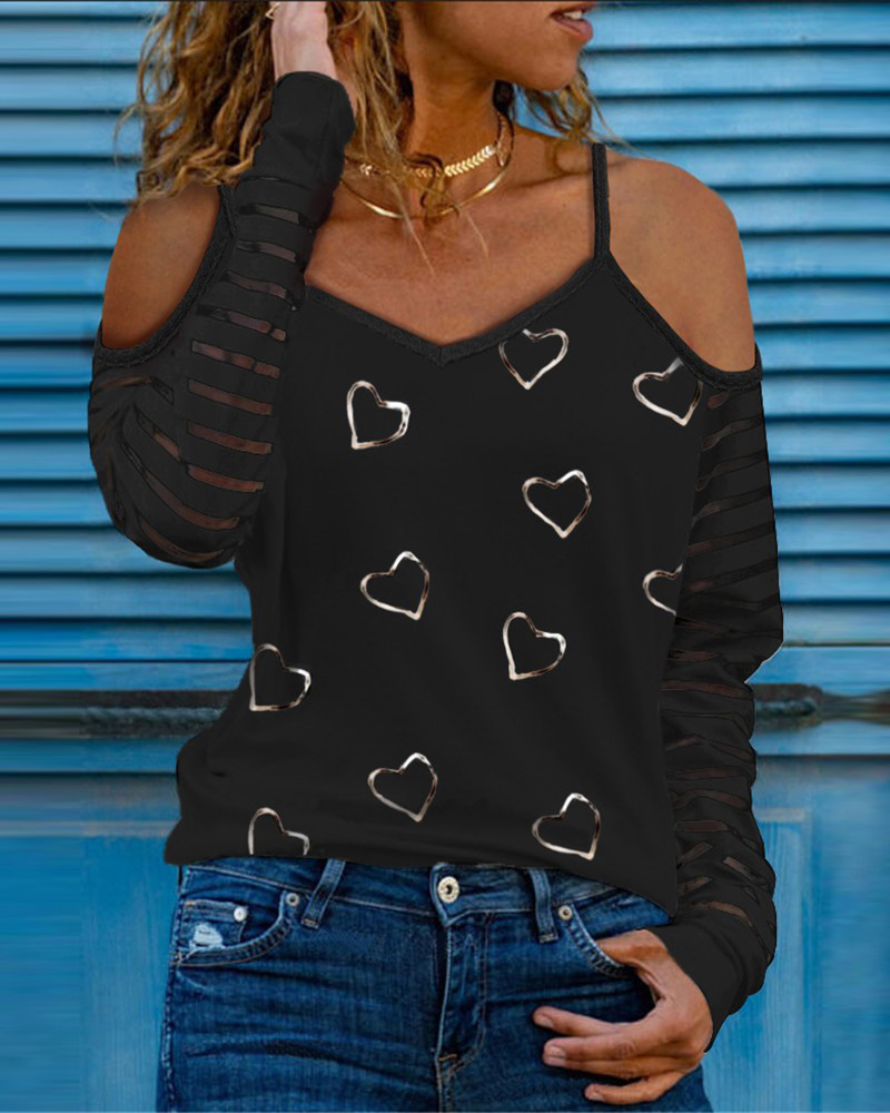 

Long Sleeve Cold Shoulder Heart Print Top, Black