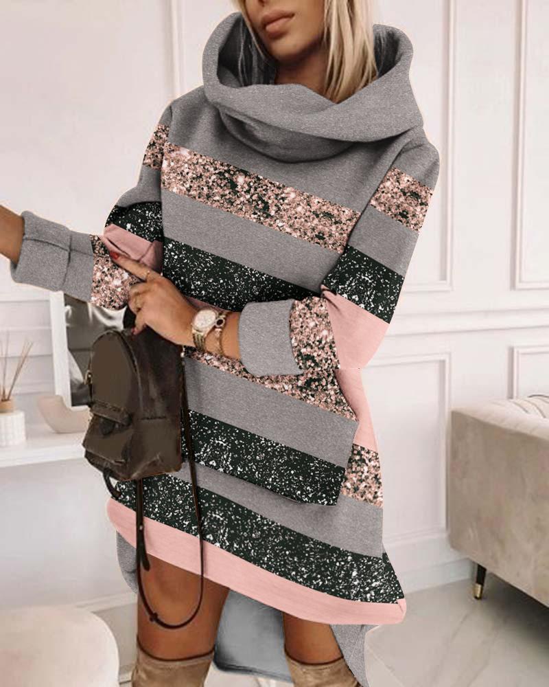 

Colorblock Striped Print Long Sleeve Sweatshirt Dress, Pink