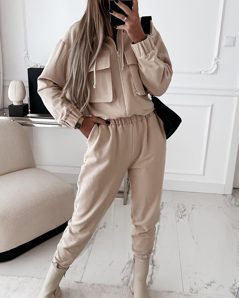 

Pocket Zipper Decor Cargo Coat & Casual Pants Set, Beige