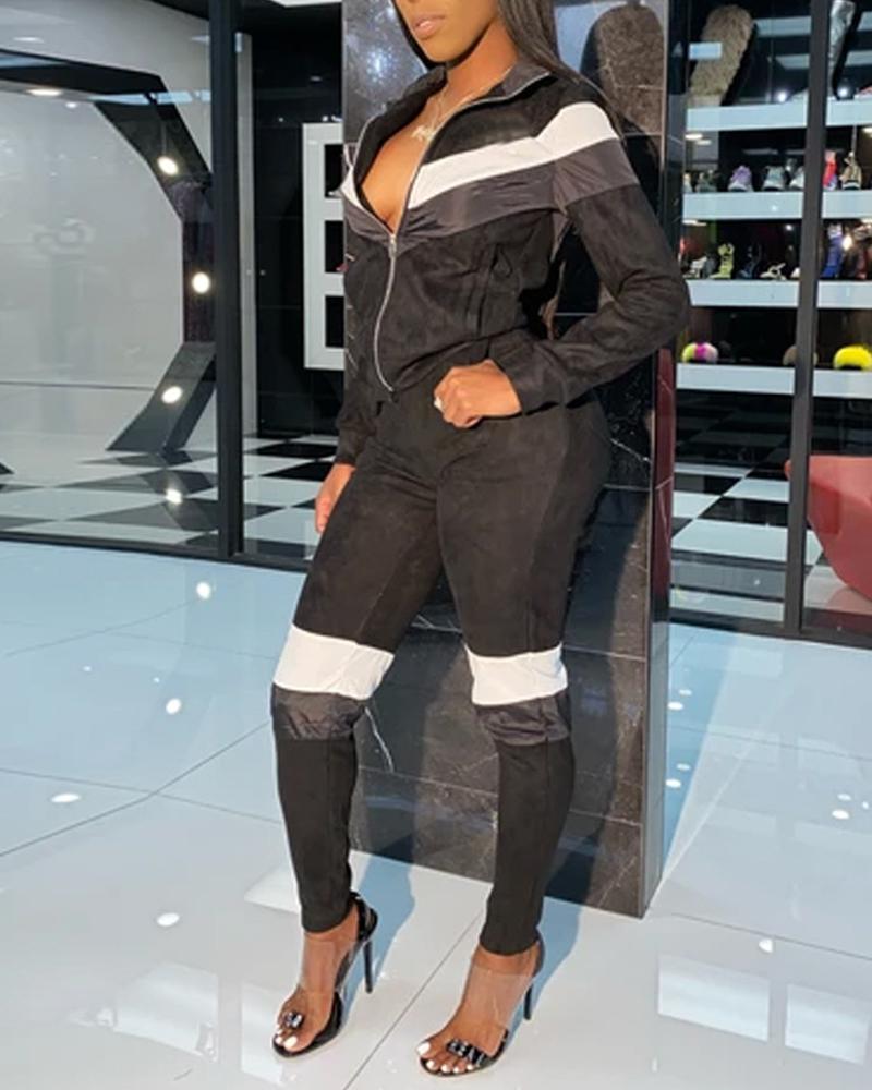 

Velvet Colorblock Sweatshirt Coat Pants Set, Black