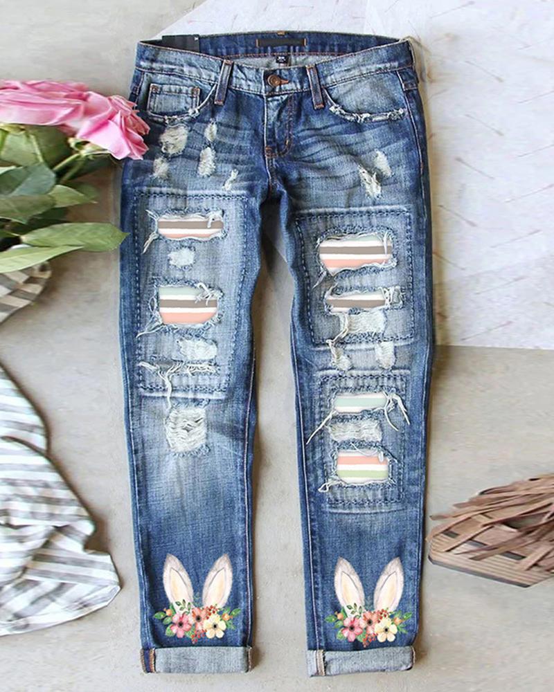 

Easter Bunny Print Ripped Patchwork Jeans, Blue