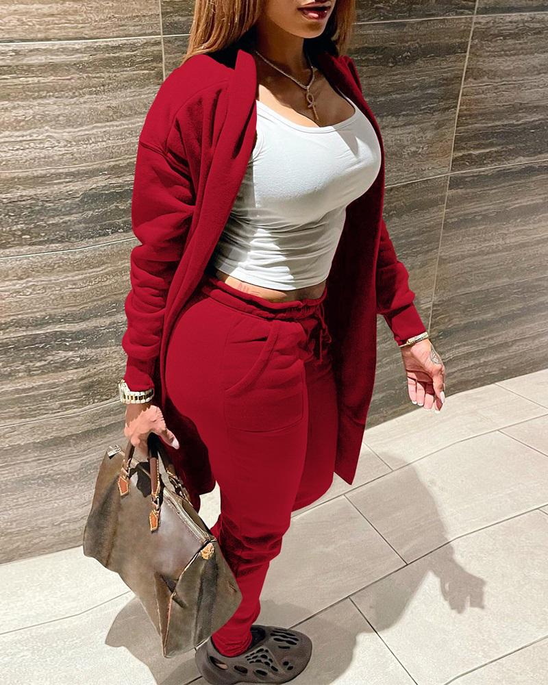 

Long Sleeve Open Front Coat & Drawstring Pants Set, Red