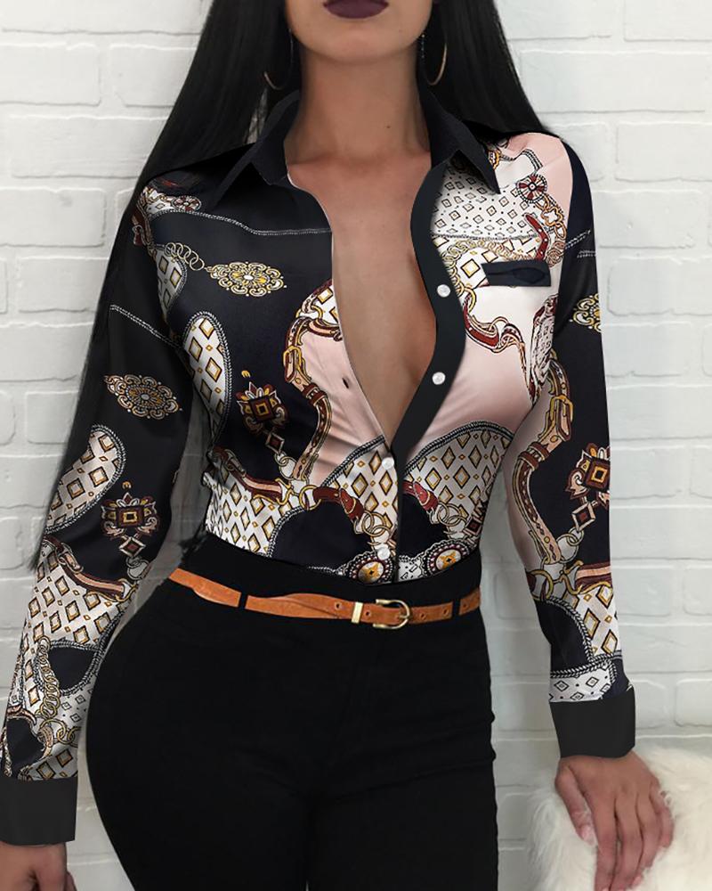 

Chain Scarf Print Button Front Long Sleeve Shirt, Multicolor