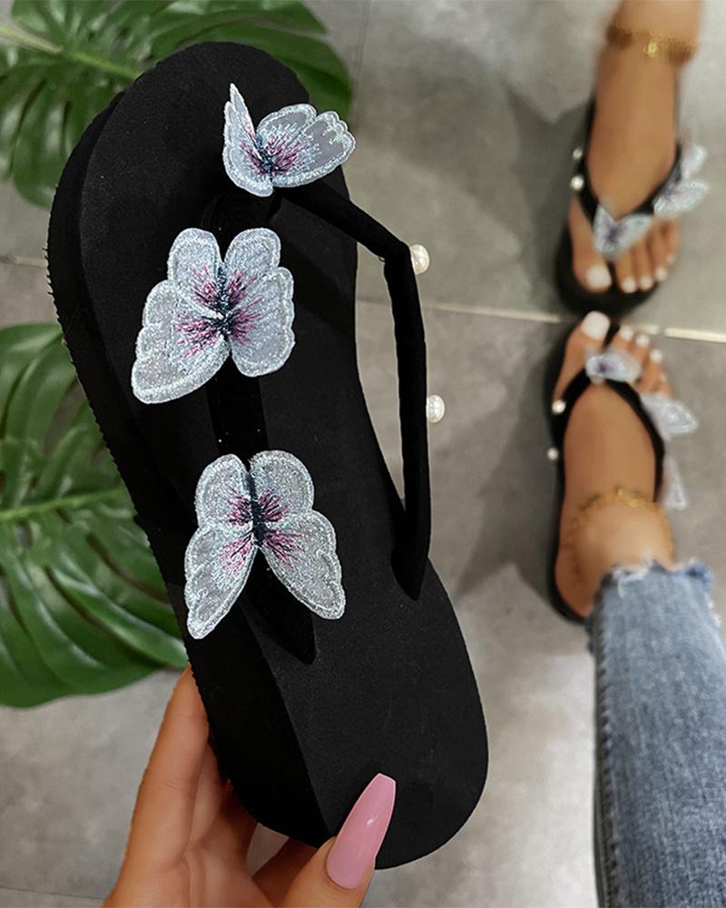 

Butterfly Patch Post-toe Open-toe Flat Sandals, Blue