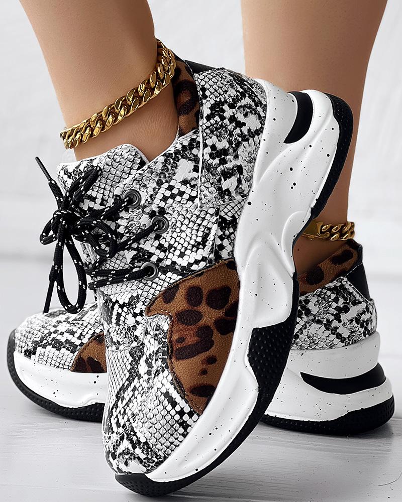 

Leopard Snakeskin Print Colorblock Lace-up Muffin Sneakers