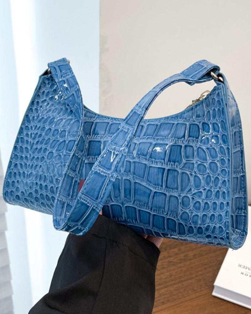 

Croc Embossed Zipper Design Baguette Bag, Blue