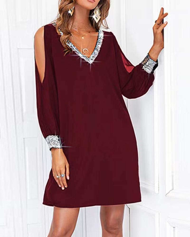 

Contrast Sequin Cold Shoulder Casual Dress, Wine red