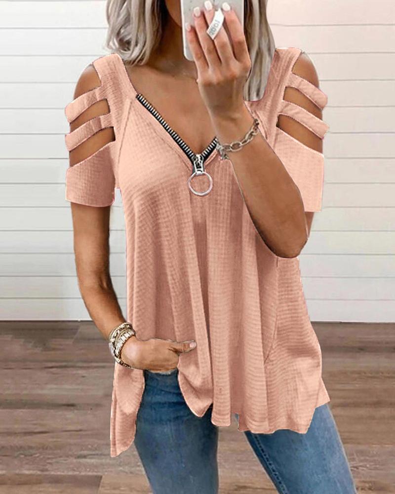 

Cold Shoulder Cutout Zip Front Waffle Knit Top, Pink