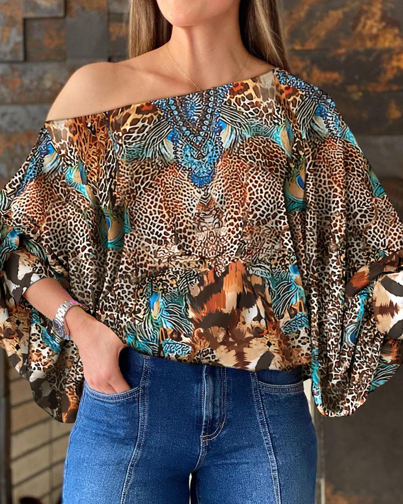 

Cheetah Peacock Print One Shoulder Lantern Sleeve Top Casual Long Sleeve Blouse, Multicolor