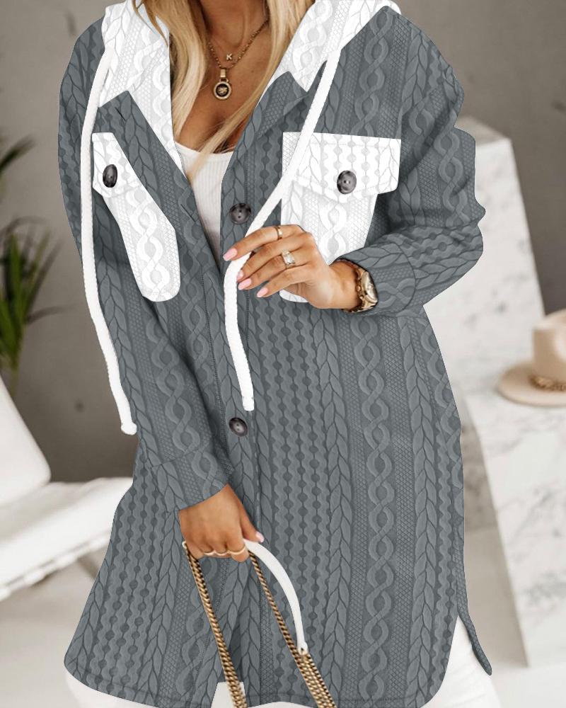 

Colorblock Cable Textured Longline Hooded Coat, Gray