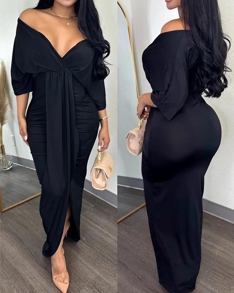 

Plunge Batwing Sleeve Ruched Slit Party Dress, Black