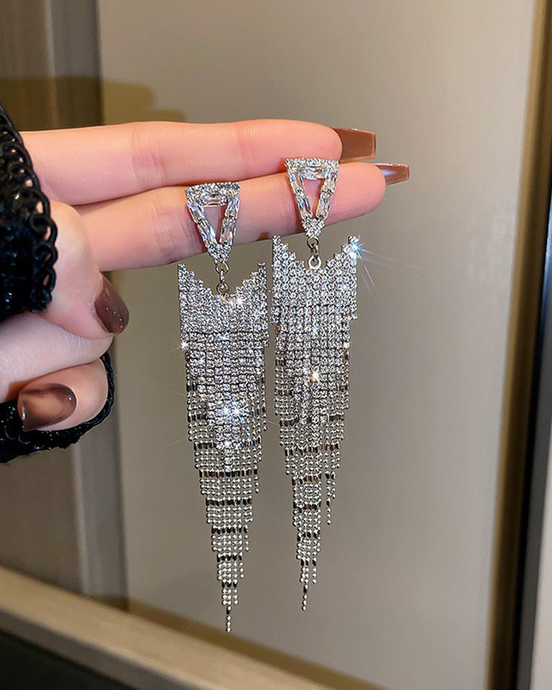 

1Pair Sparkling Rhinestone Tassel Earrings, Silver