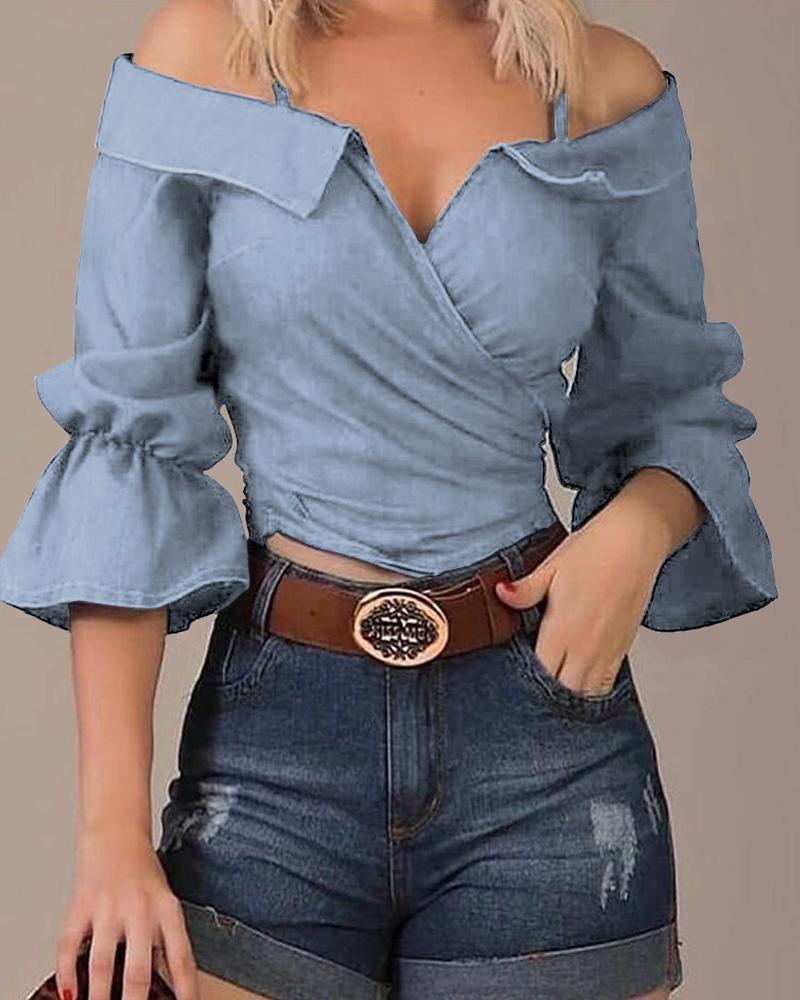 

Cold Shoulder V-Cut Flared Sleeve Top, Lighted blue