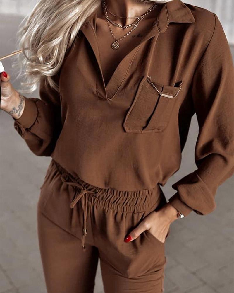 

Long Sleeve Casual Top & Drawstring Pants Set, Brown