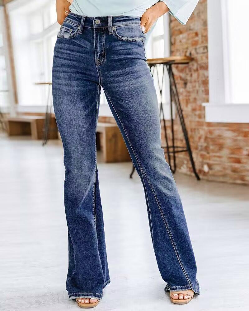 

Zip Fly Ripped High Waist Flared Leg Jeans, Blue