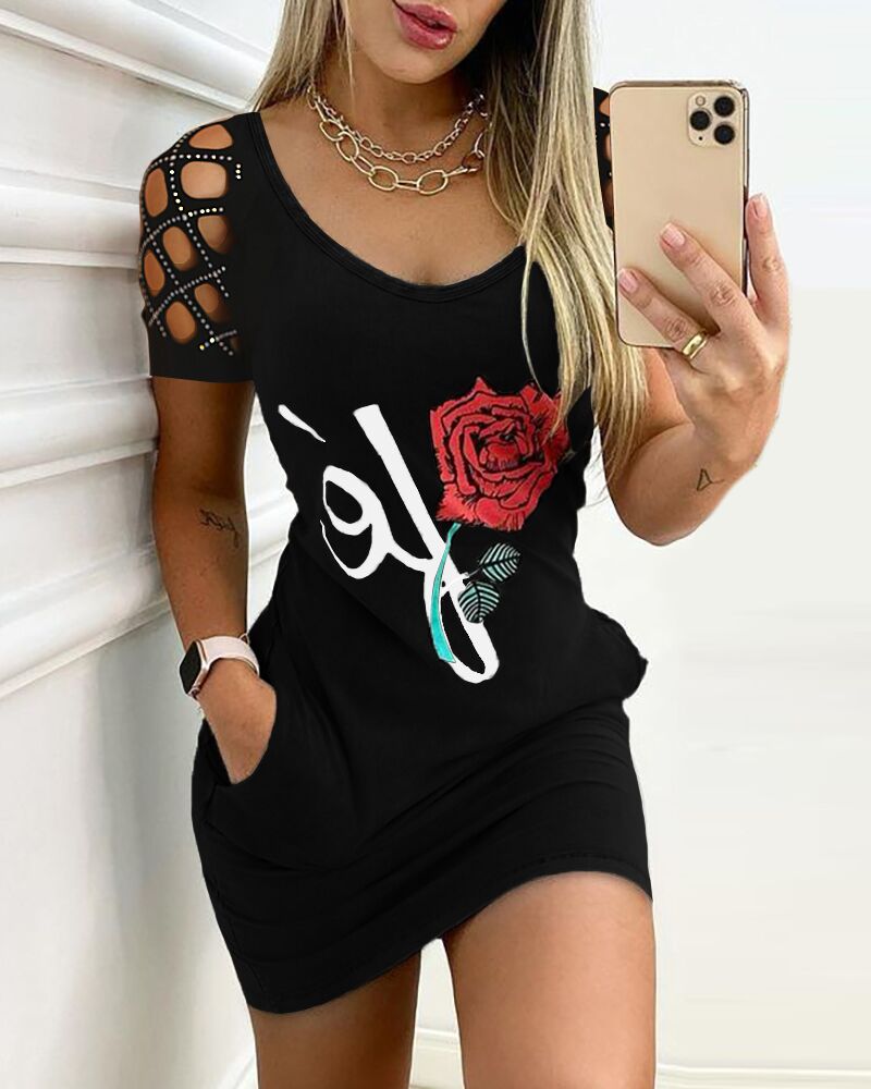 

Pocket Design Studded Floral Letter Print Cutout Bodycon Dress, Black
