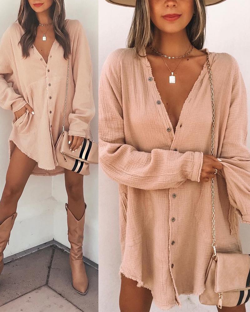 

Long Sleeve Raw Hem Button Down Shirt Dress, Apricot