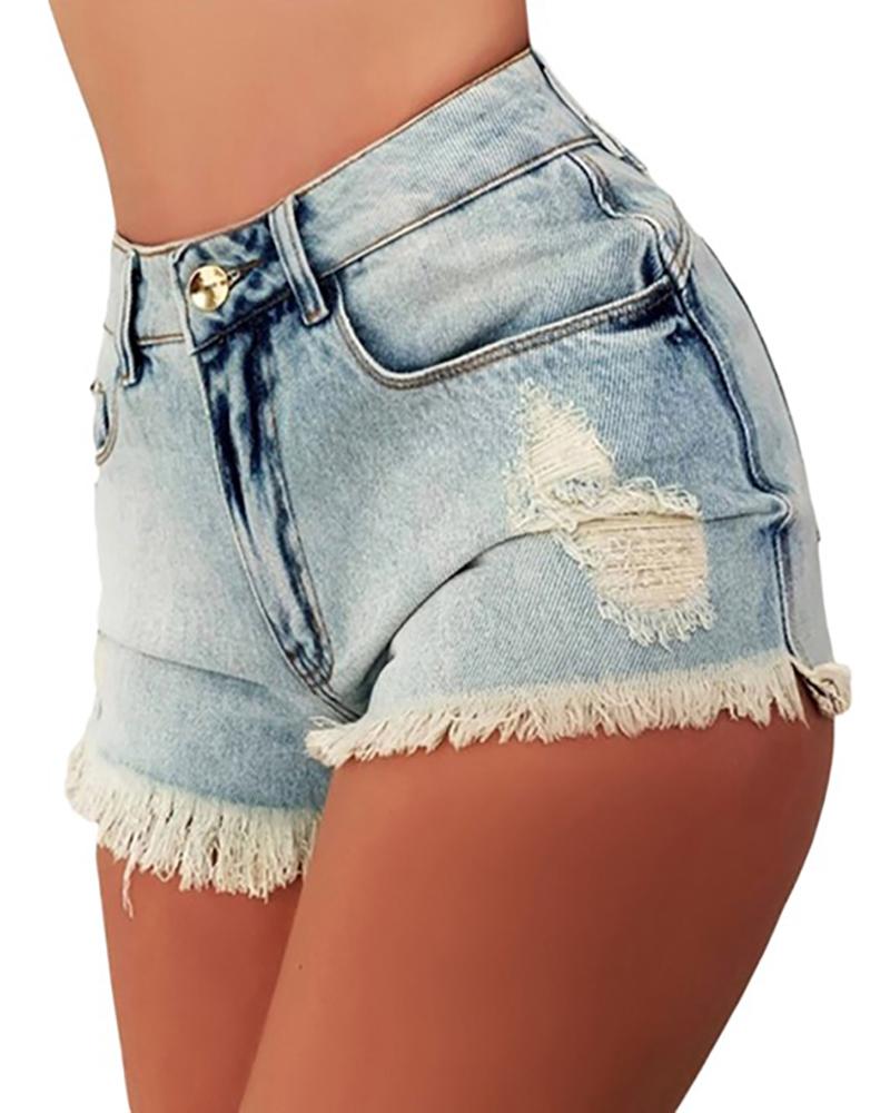 

High Waist Fringe Hem Ripped Hot Denim Shorts, Light blue