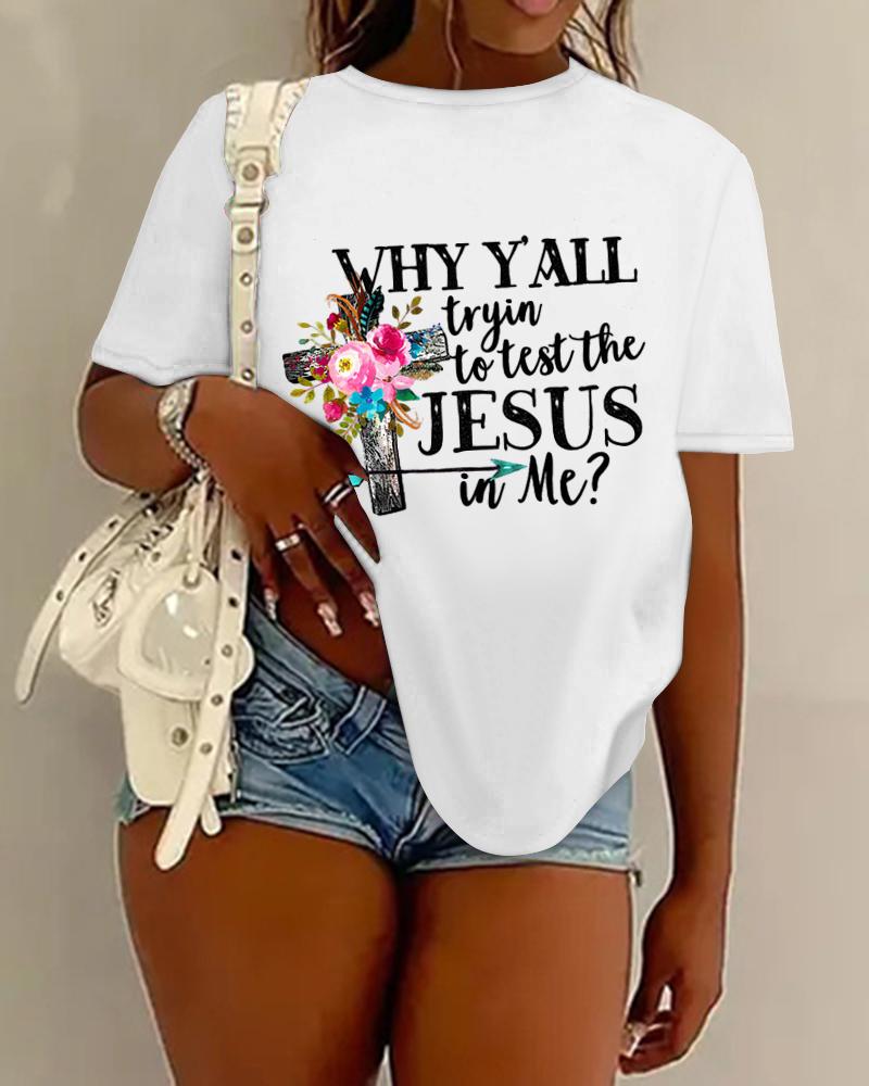 

Floral Cross Graphic Slogan Print Crew Neck Casual T-shirt, White