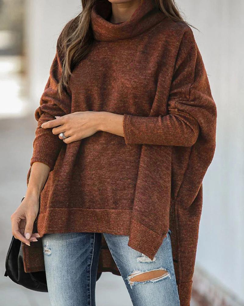 

Batwing Sleeve High Low Split Hem Turtleneck Sweater, Brown