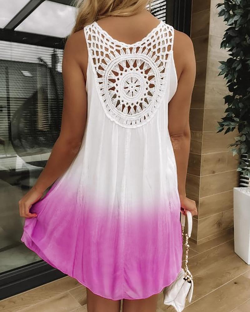 

Gradient Tie Dye Print Hollow-out Crochet Lace Summer Dress, Hot pink