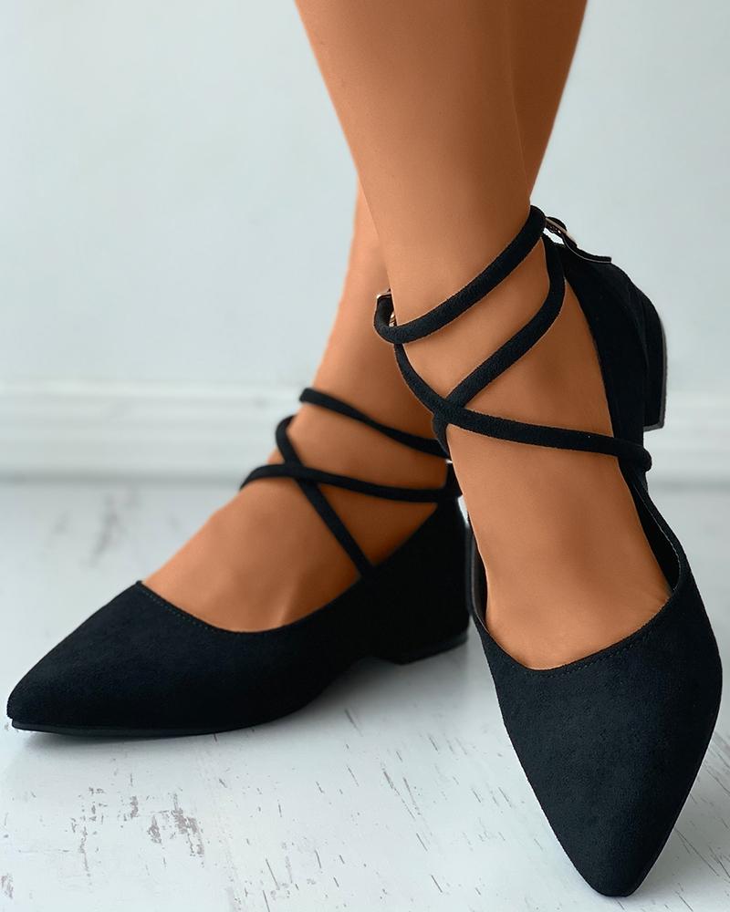 

Pointed Toe Strappy Suede Slip-On Shoes, Black