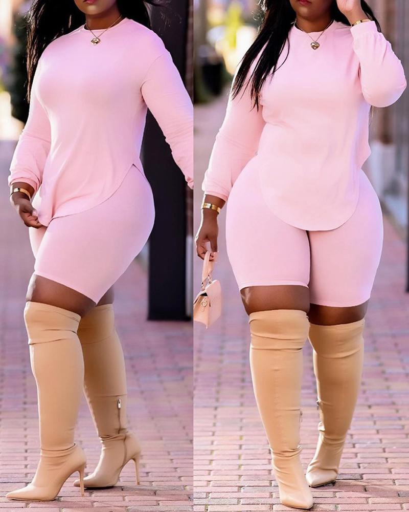 

Plain Long Sleeve Skinny Top & Shorts Set, Pink