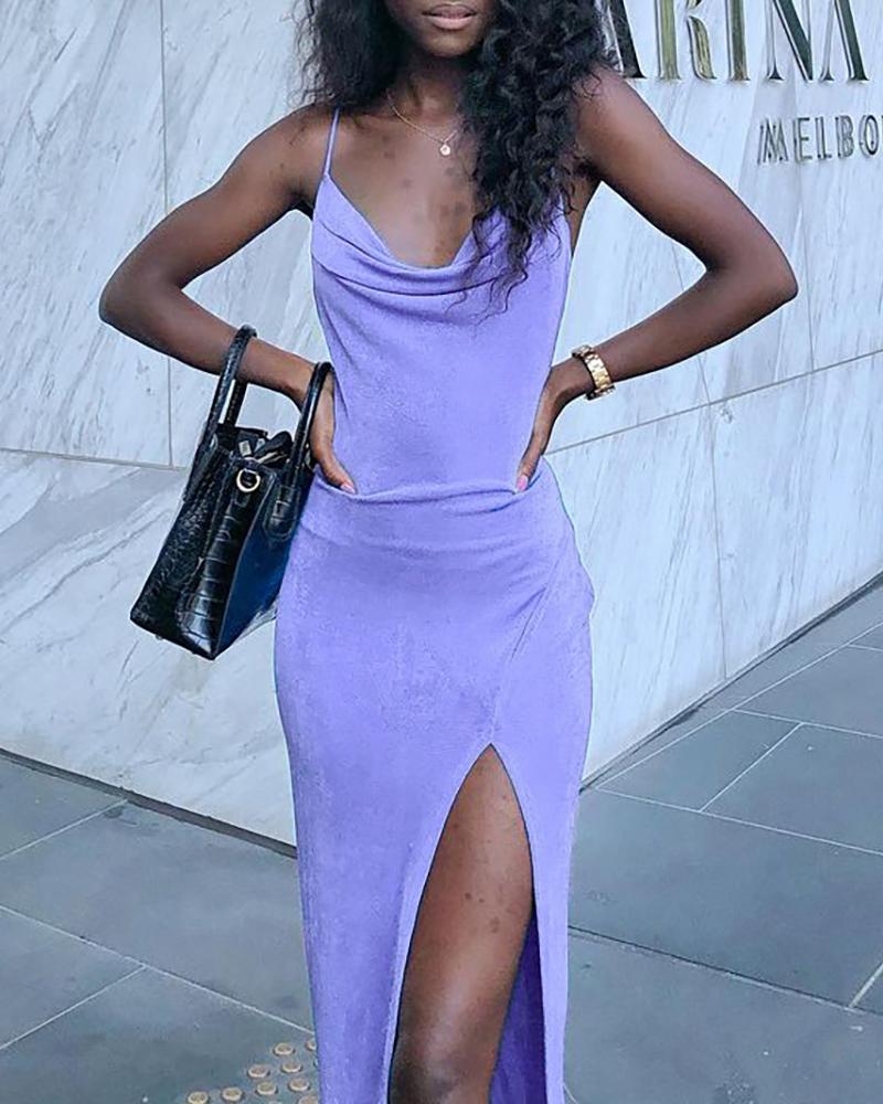 

Spaghetti Strap Cowl Neck Slit Skinny Party Dress, Purple
