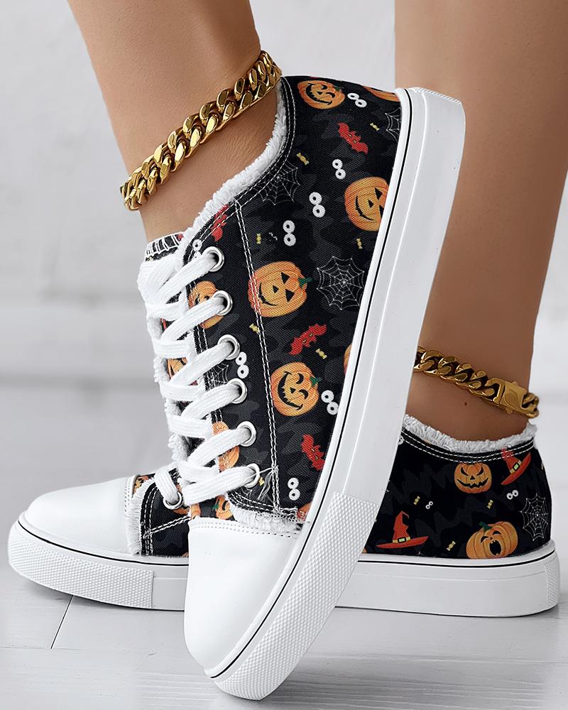 

Halloween Ghost Pumpkin Graphic Print Lace-up Sneakers, Black