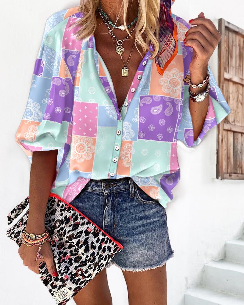 

Scarf Print Lantern Sleeve Button Down Shirt, Multicolor