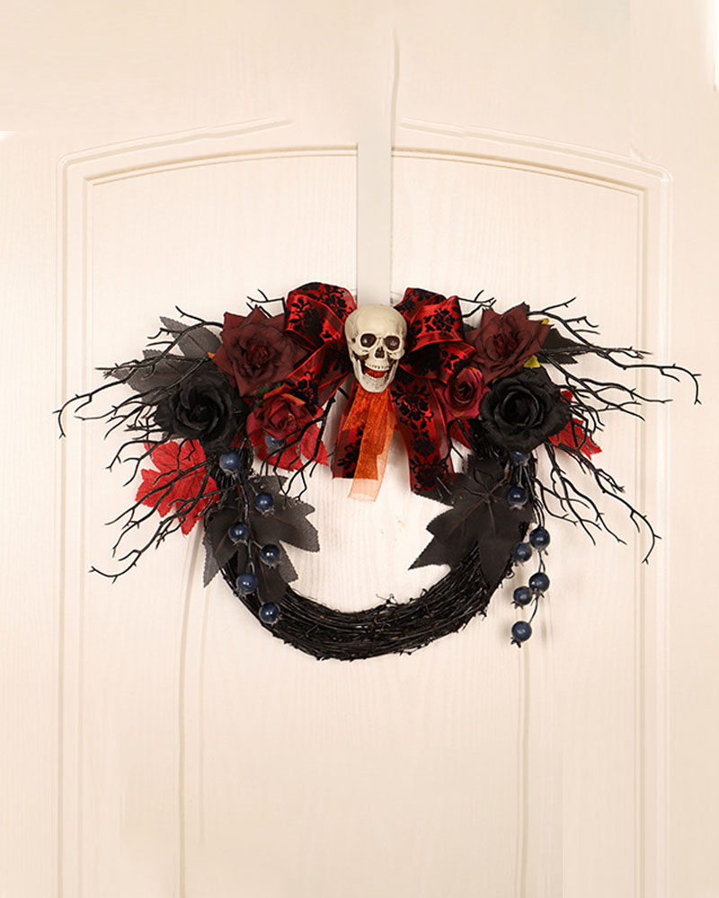 

Artificial Halloween Wreath Skull Wreath With Rose Ribbon Grapevine Wreath For Front Door Window Wall Halloween Decoration, Style1