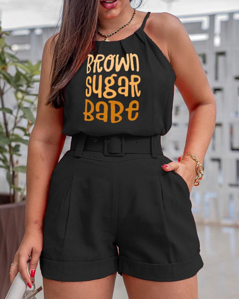 

Brown Sugar Babe Print Top & Pocket Design Shorts Set With Belt, Black